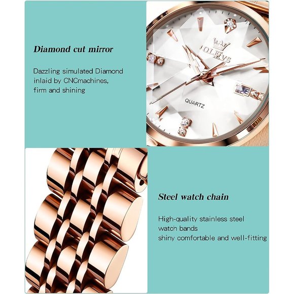 Women White Dial Rose Gold Stainless Steel Band Waterproof Watch main image 4